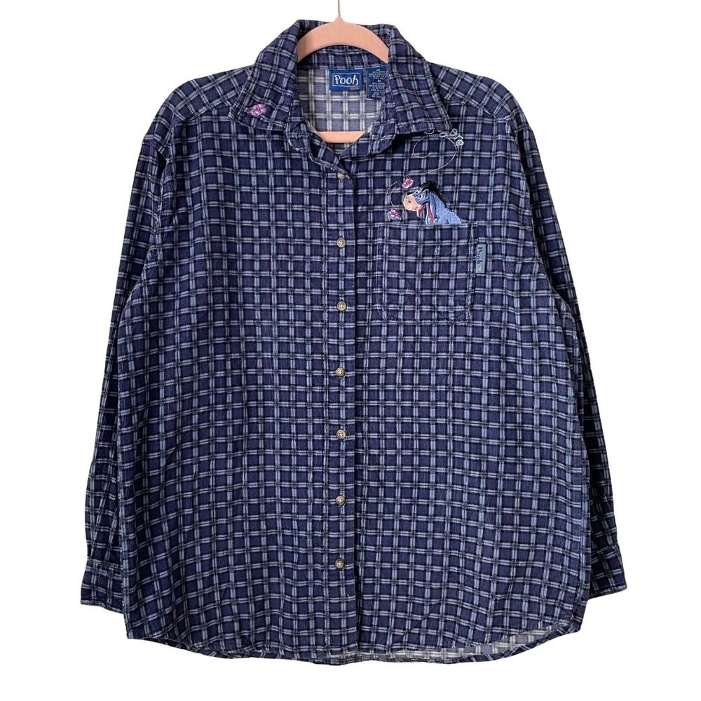 Disney Shirt Womens Medium Blue Pooh Eeyore Embroidered Corduroy Plaid Button Up